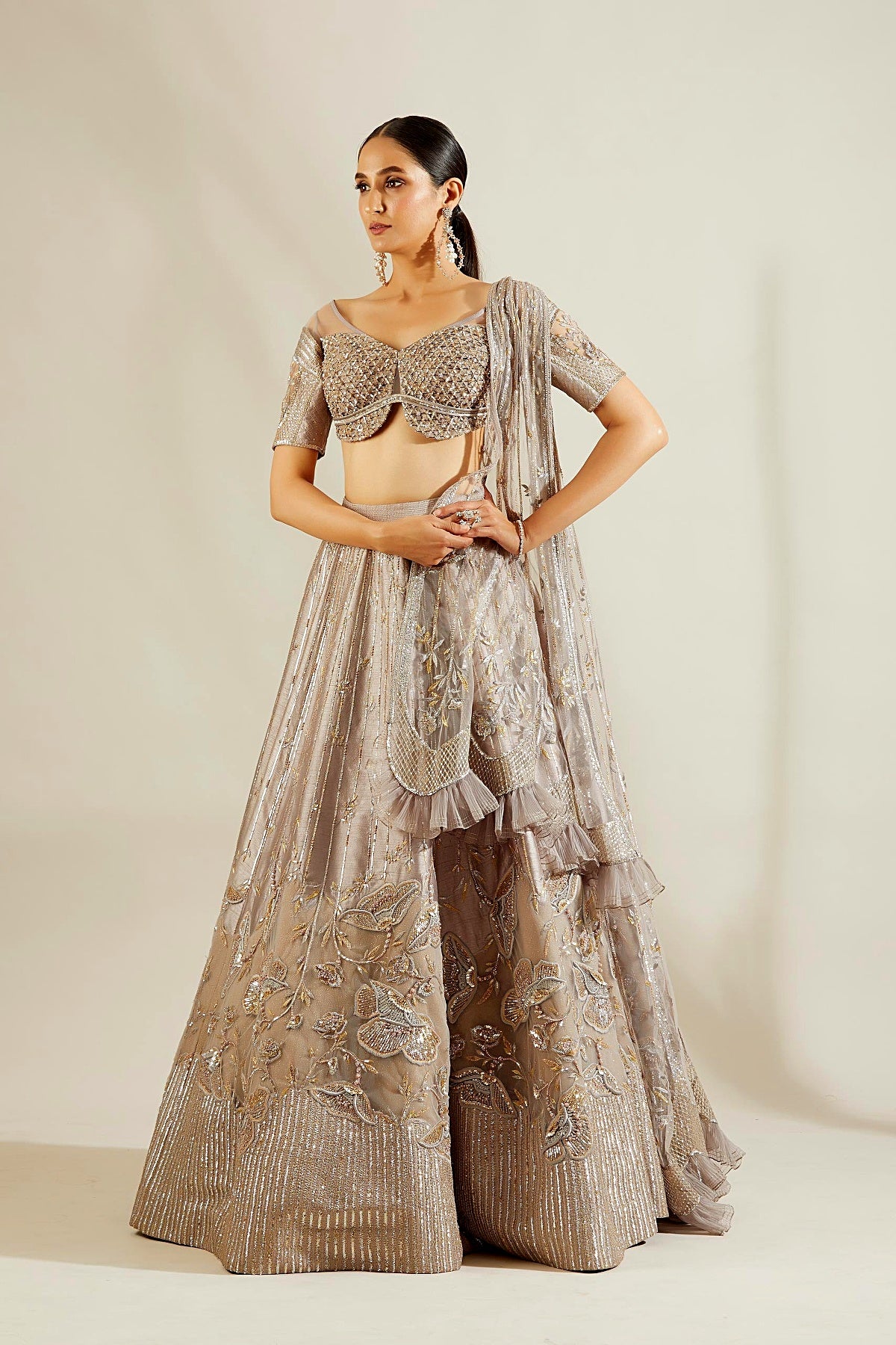 Abalone Grey Gold Floral Lehenga