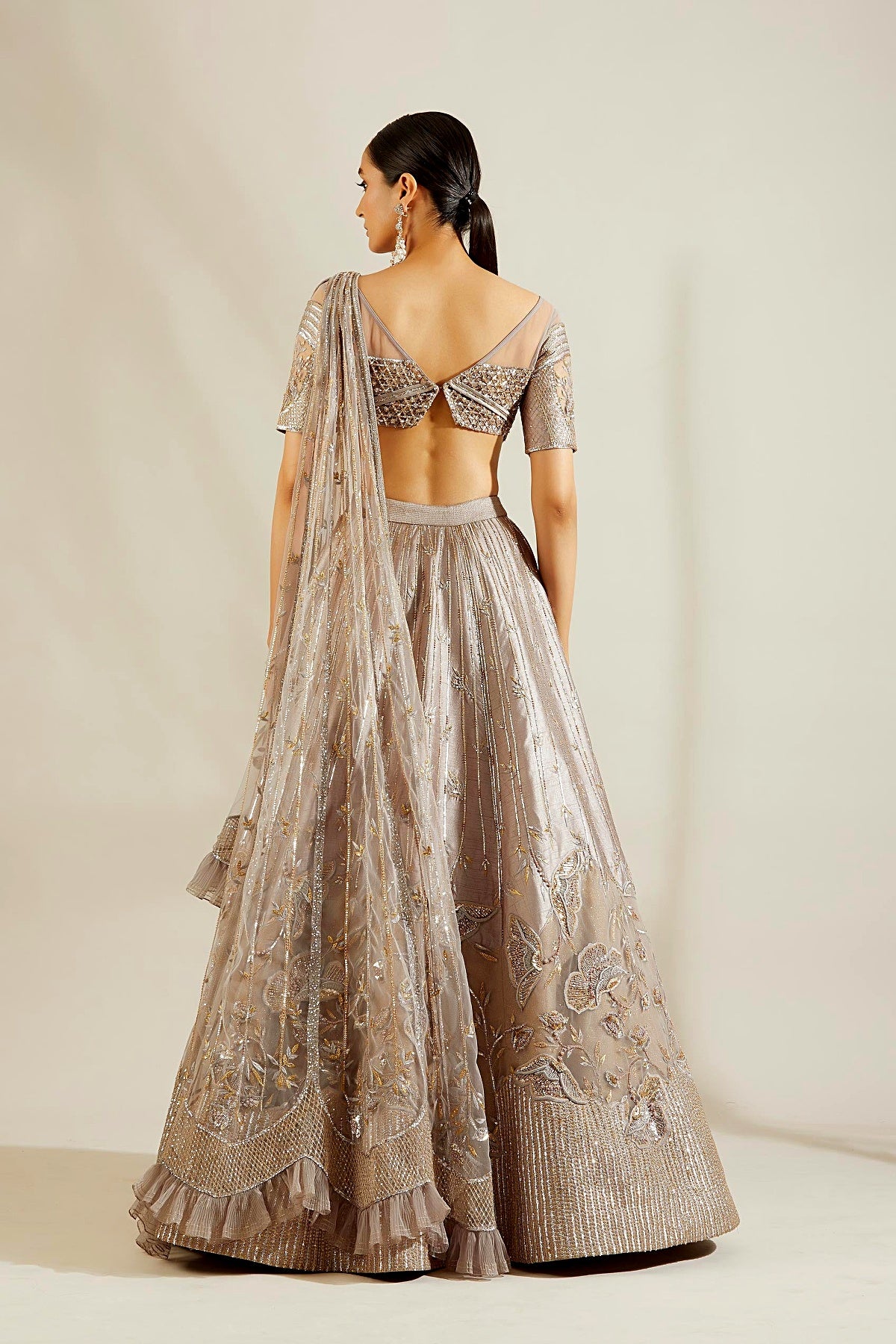 Abalone Grey Gold Floral Lehenga