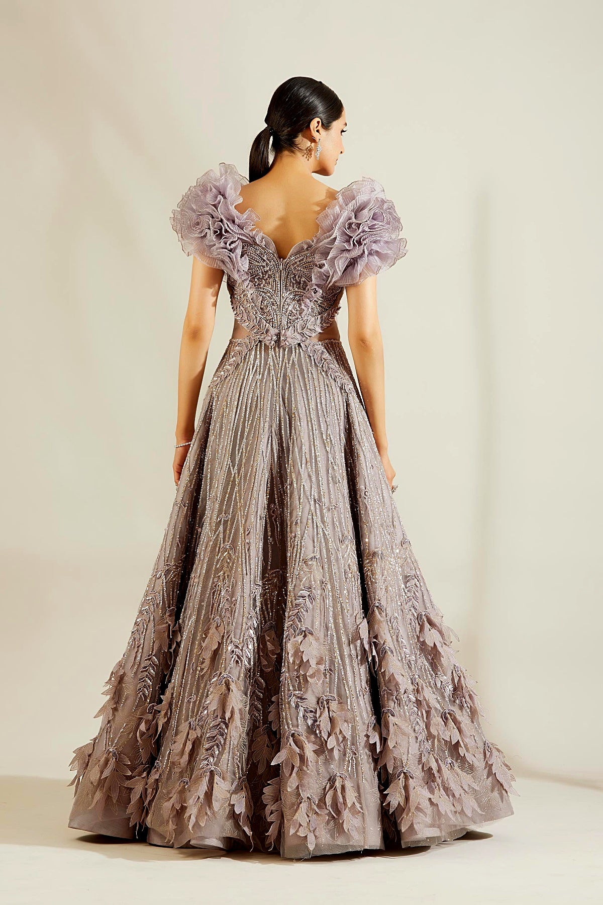 Peri Winkle leaf ruffle ball gown