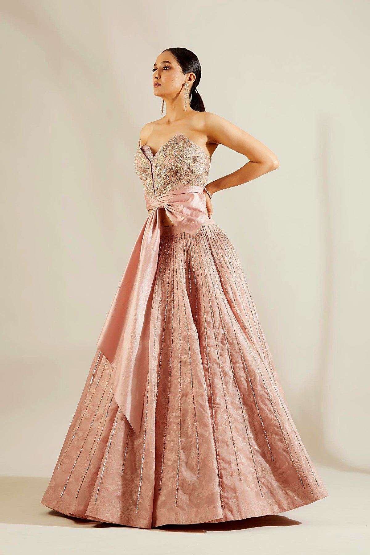 Soft Pink Corset Bow Blouse With Skirt