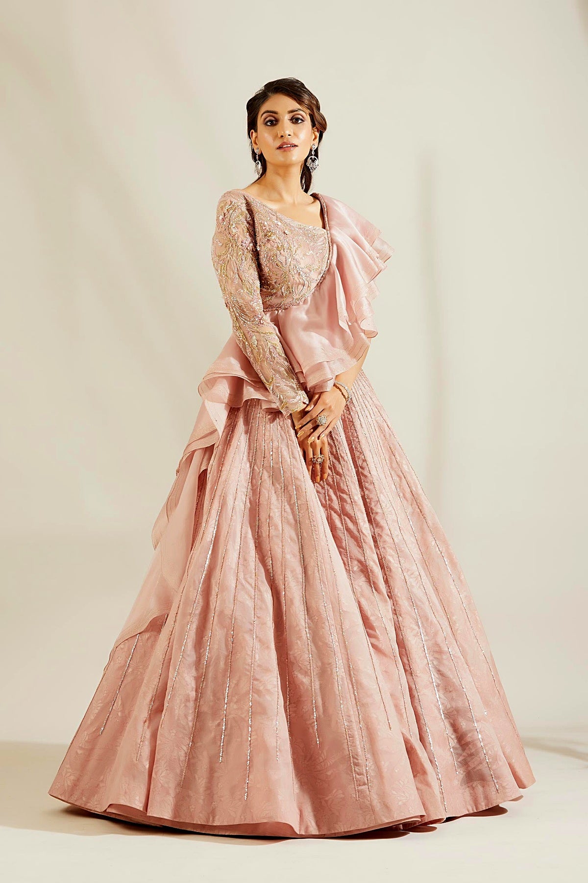 Soft Pink Ruffle Blouse with Skirt