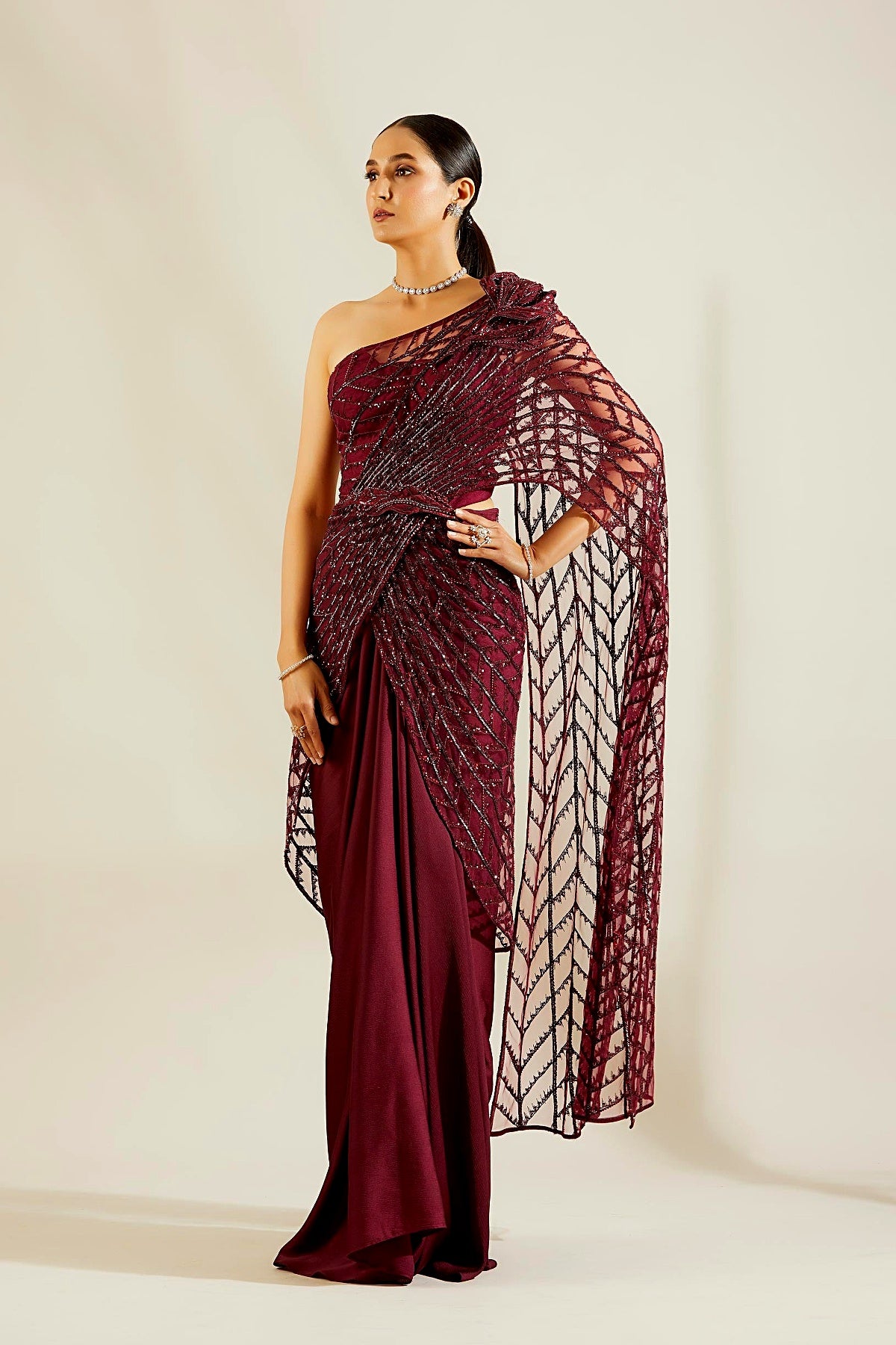 Wine Heavy Crystal Drape Saree