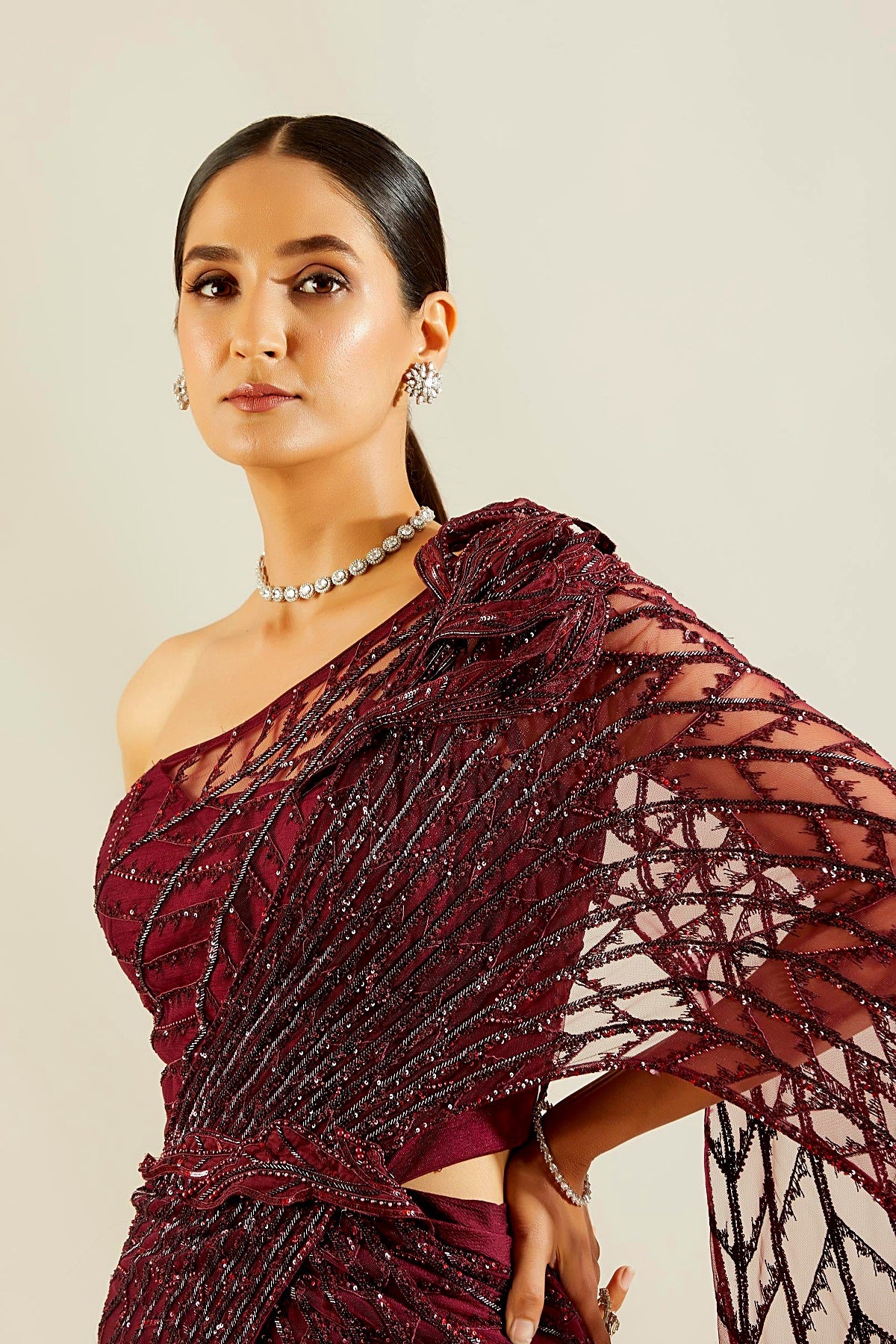 Wine Heavy Crystal Drape Saree