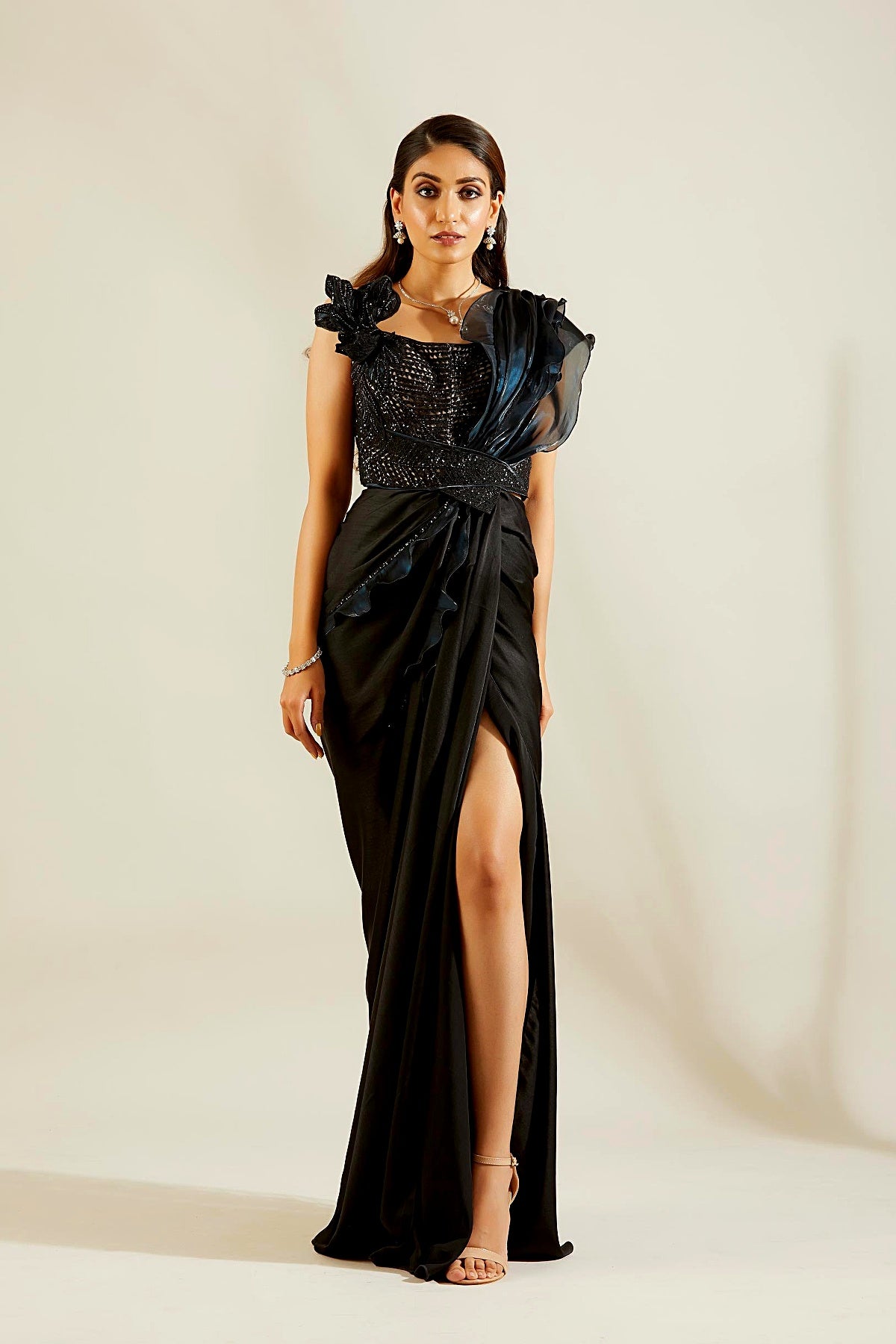 Jade Black Fril Organza Saree