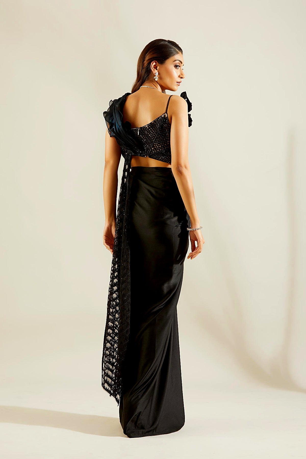 Jade Black Fril Organza Saree