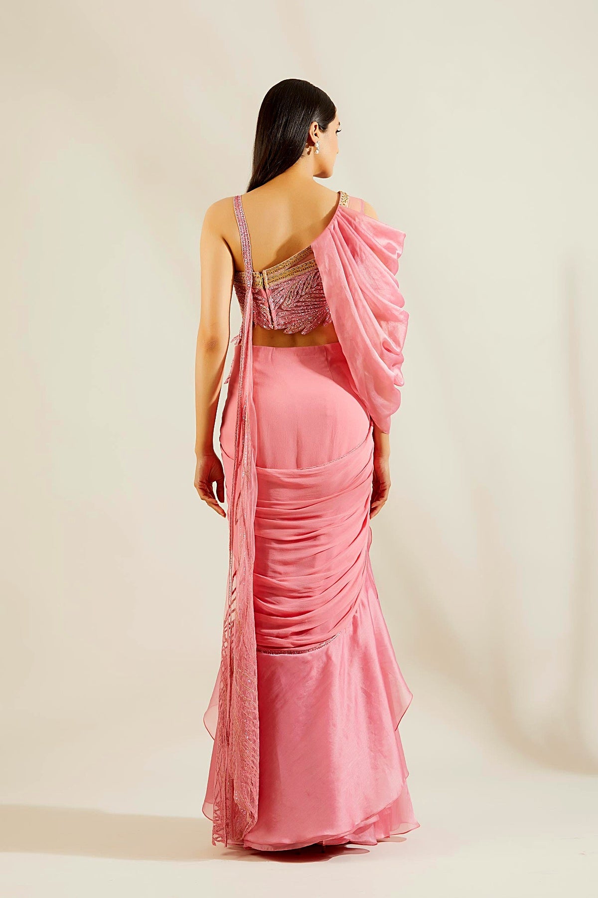 Pink Leaf Embellished Saree