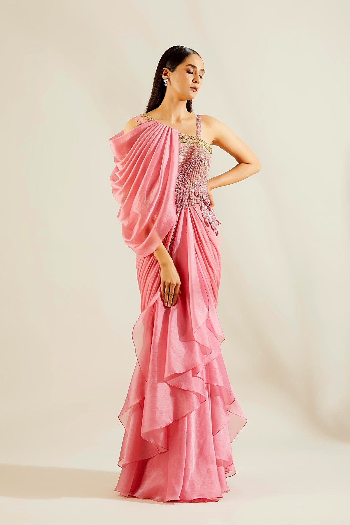 Pink Leaf Embellished Saree