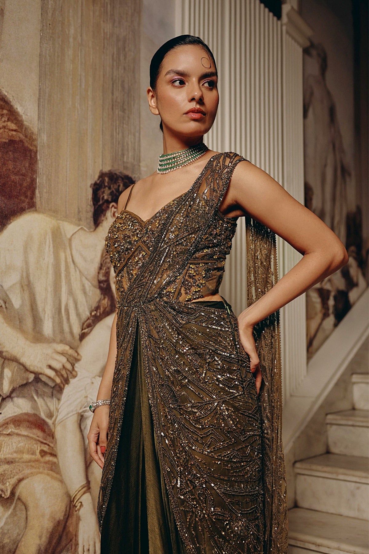 Enchanted Olive Drape saree