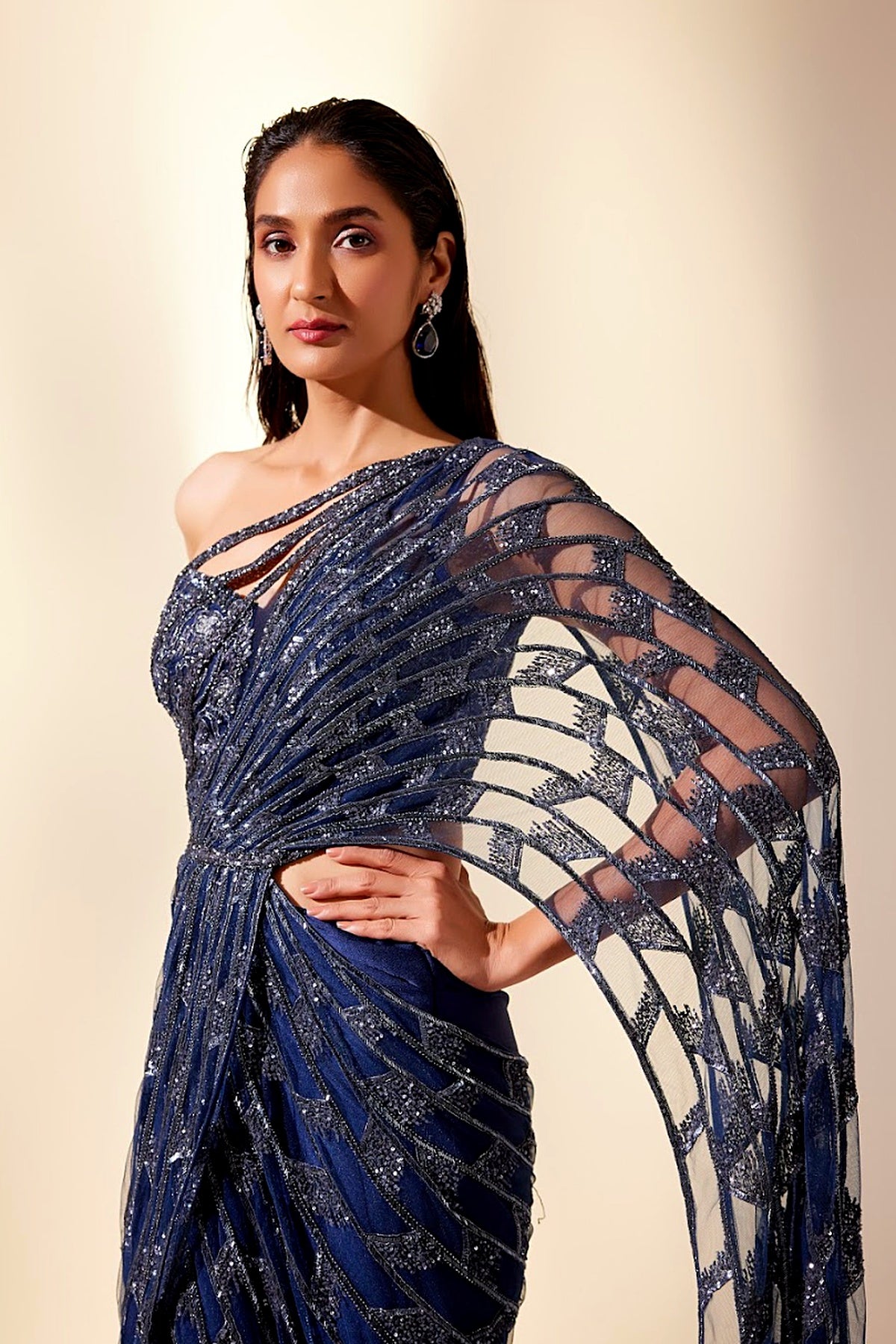 Midnight Blue Draped Drizzle Saree
