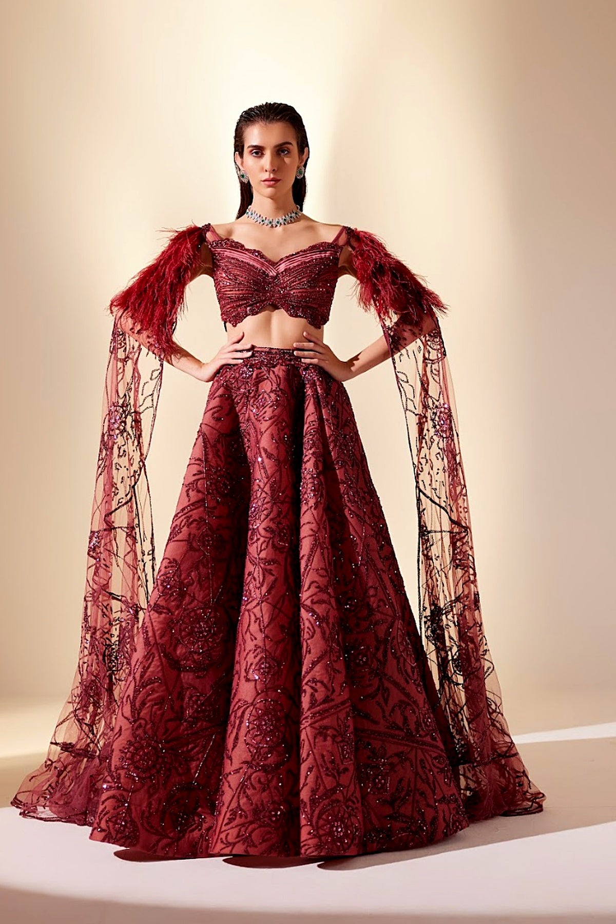 Wine Dewdrop Lehenga