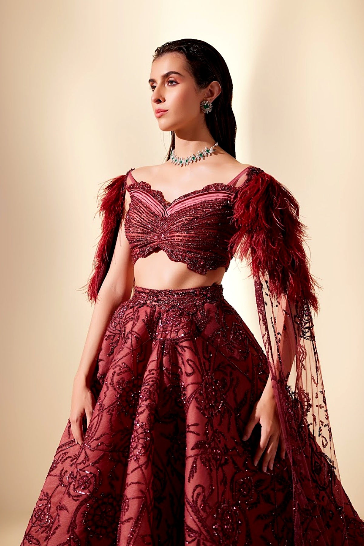 Wine Dewdrop Lehenga