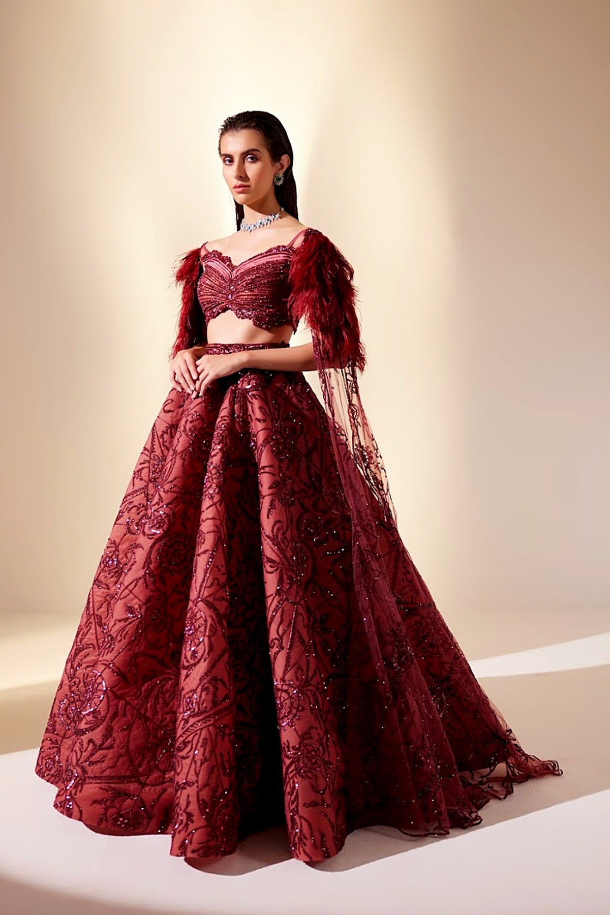 Wine Dewdrop Lehenga