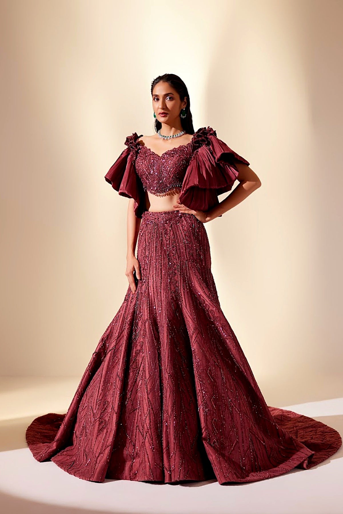 Wine Full Bloom Lehenga
