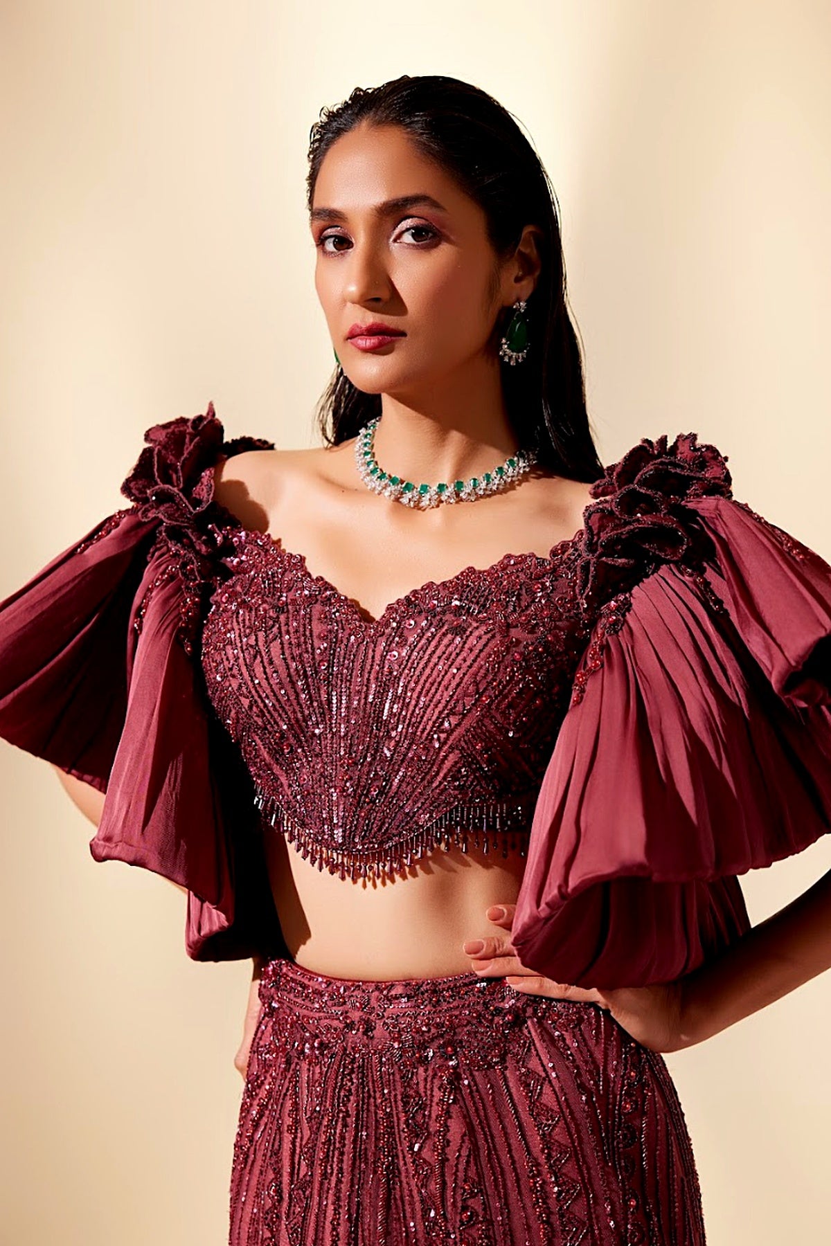 Wine Full Bloom Lehenga