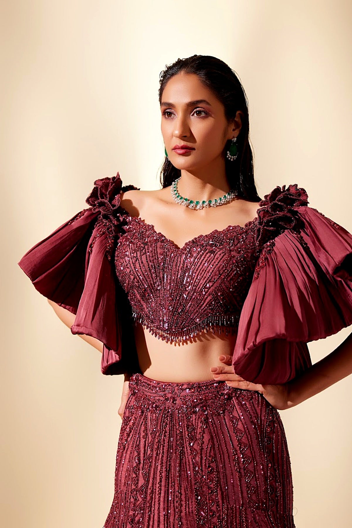 Wine Full Bloom Lehenga