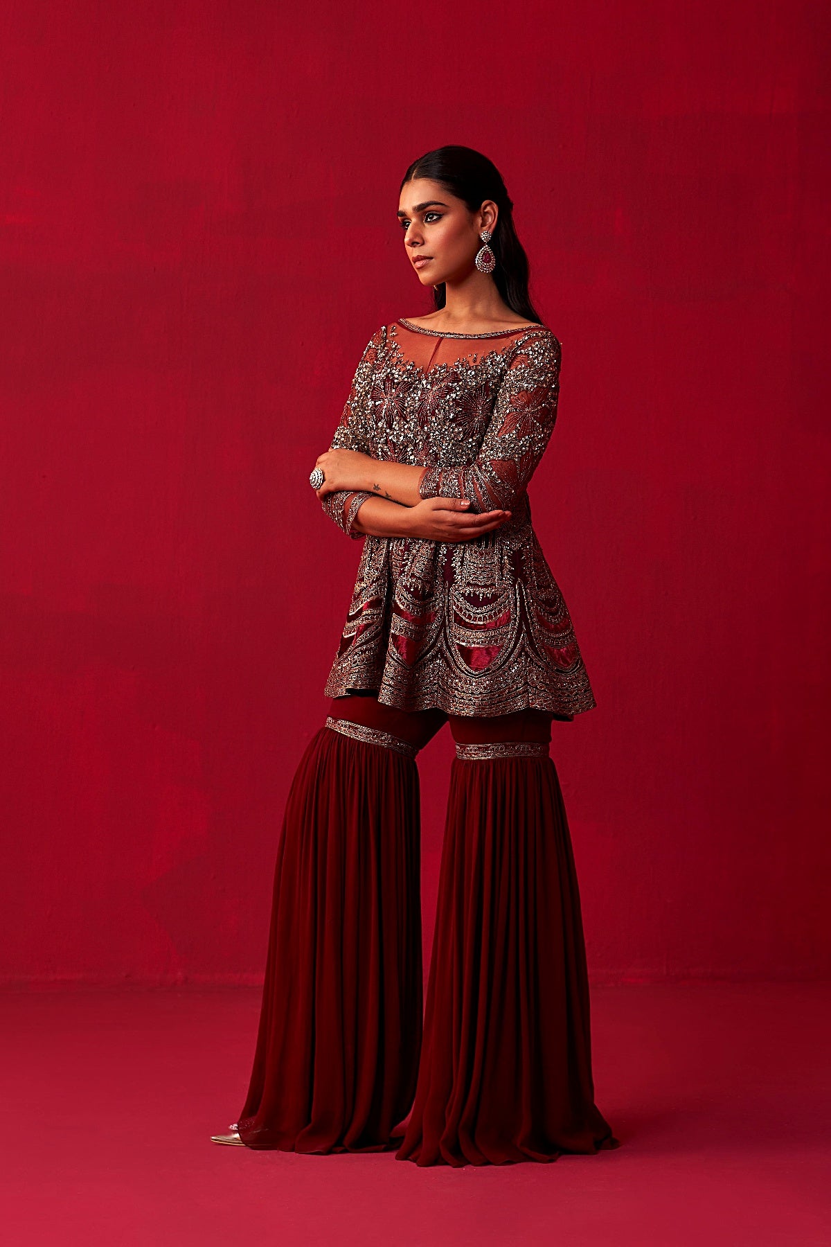 Maroon Glitch Gold Peplum Top Sharara Set