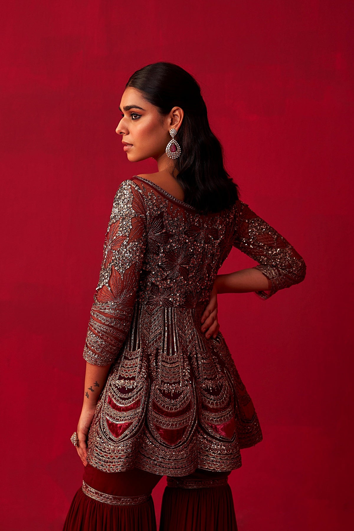 Maroon Glitch Gold Peplum Top Sharara Set