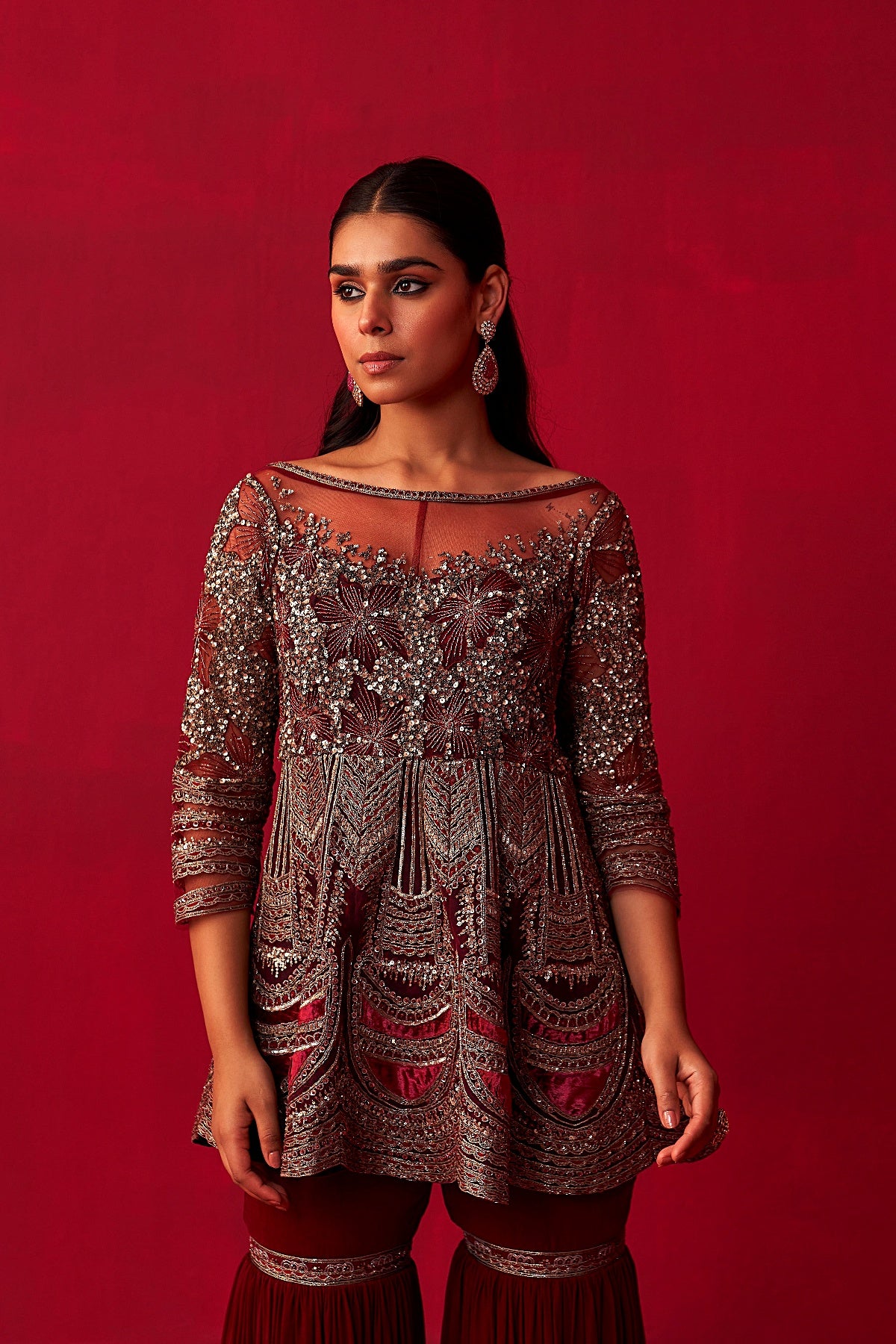 Maroon Glitch Gold Peplum Top Sharara Set