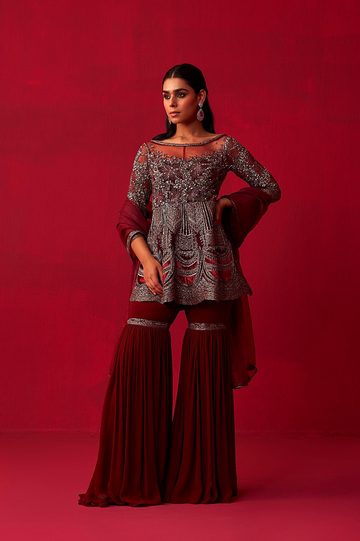 Maroon Glitch Gold Peplum Top Sharara Set