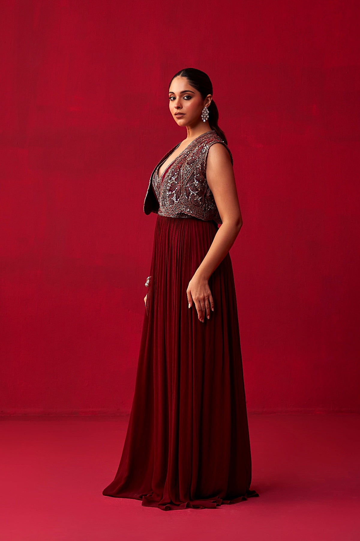 Maroon Glitch Gold Jacket Jumpsuit Set