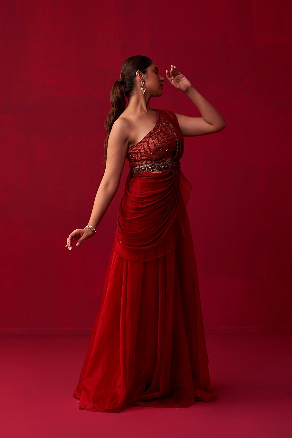 Red Glistening Waves Draped Top and Palazzo Set
