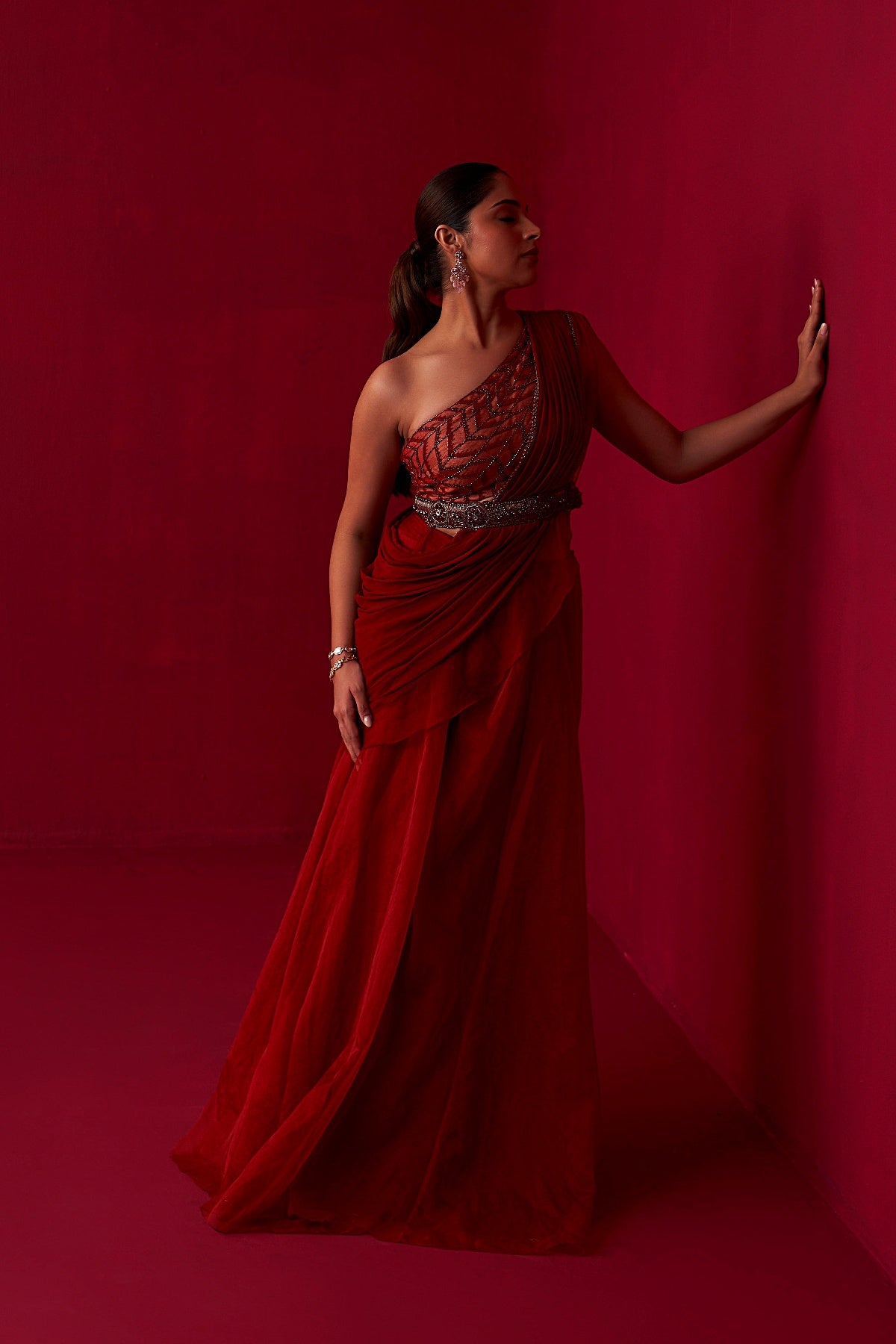 Red Glistening Waves Draped Top and Palazzo Set