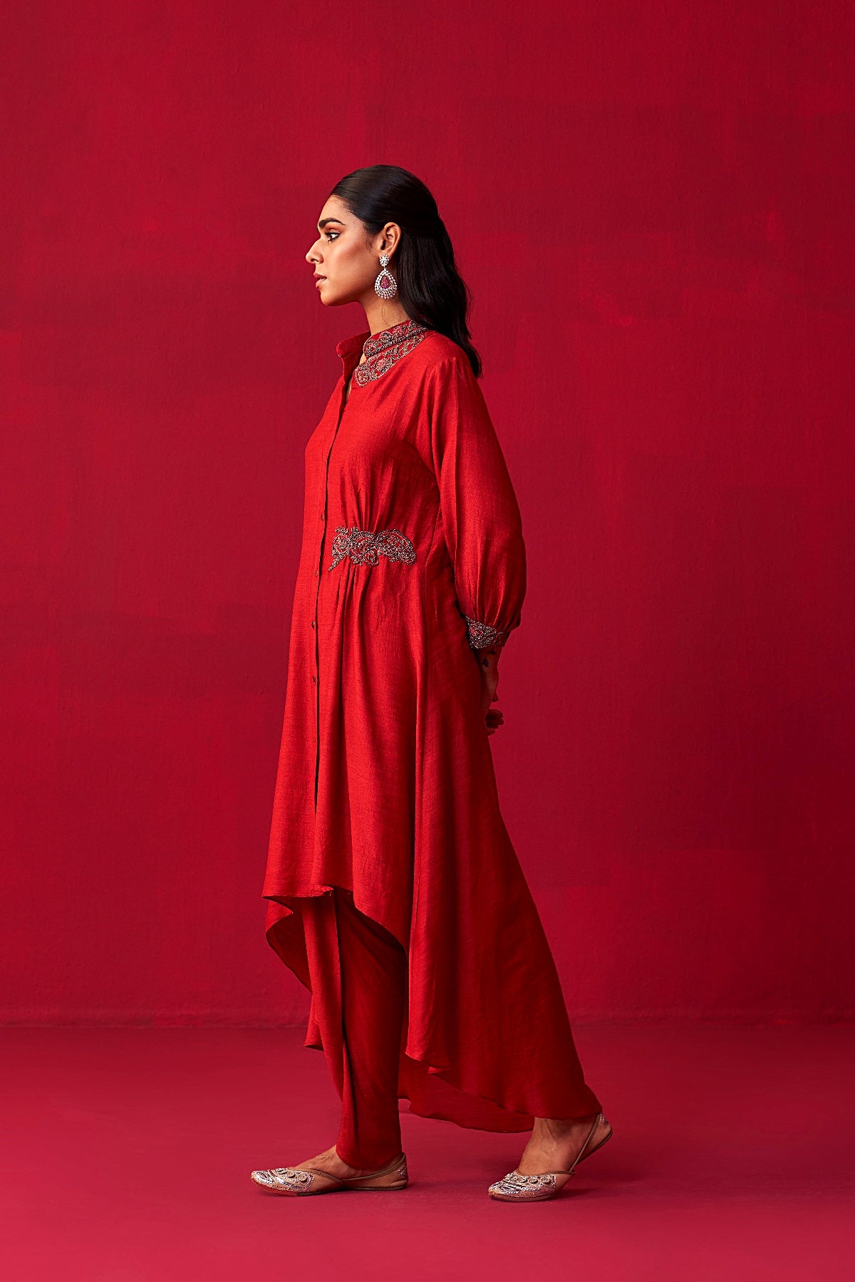 Red Metallic Bliss Shirt Style Tunic, and Dhoti Pants Set