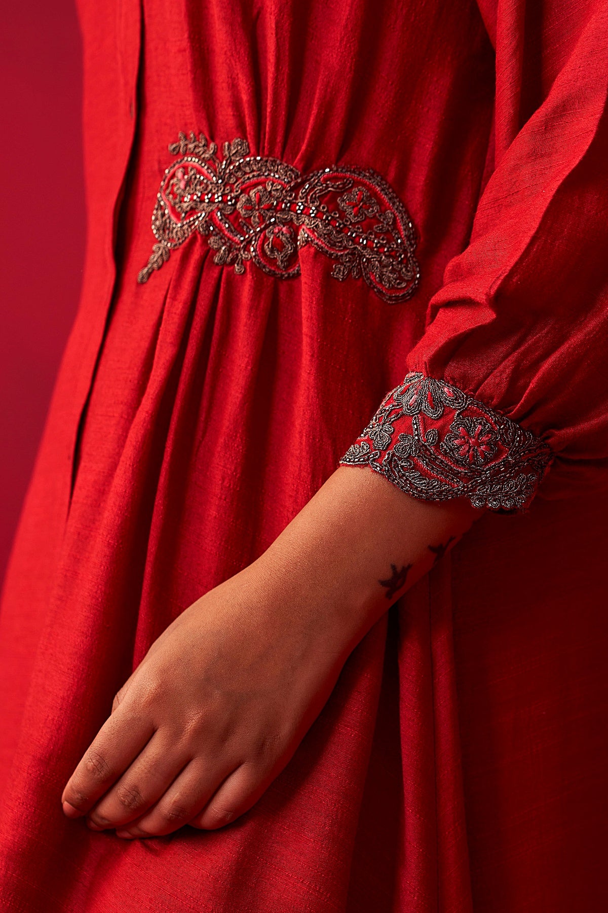 Red Metallic Bliss Shirt Style Tunic, and Dhoti Pants Set