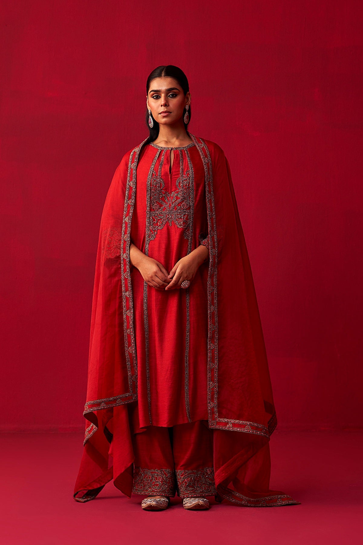 Red Metallic Bliss Kurta, Dupatta, and Palazzo Set