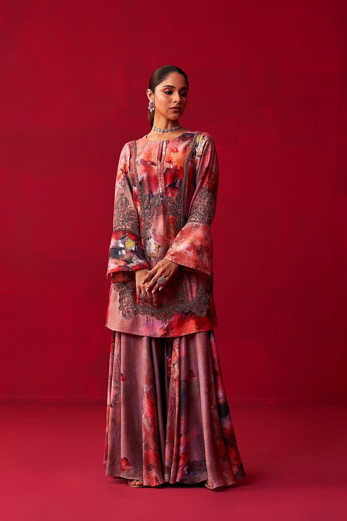 Floral Metallic Bliss Kali Kurta, and Sharara Set