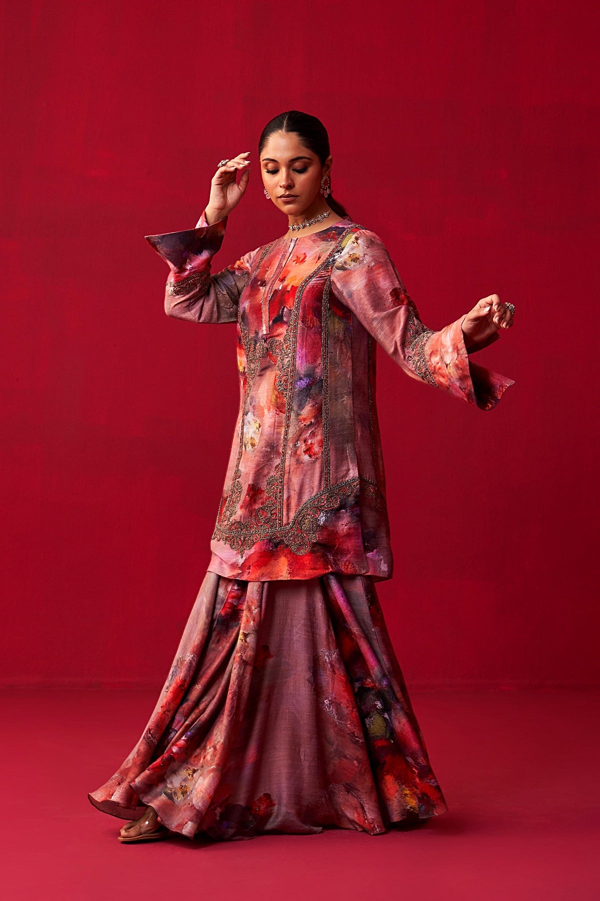 Floral Metallic Bliss Kali Kurta, and Sharara Set