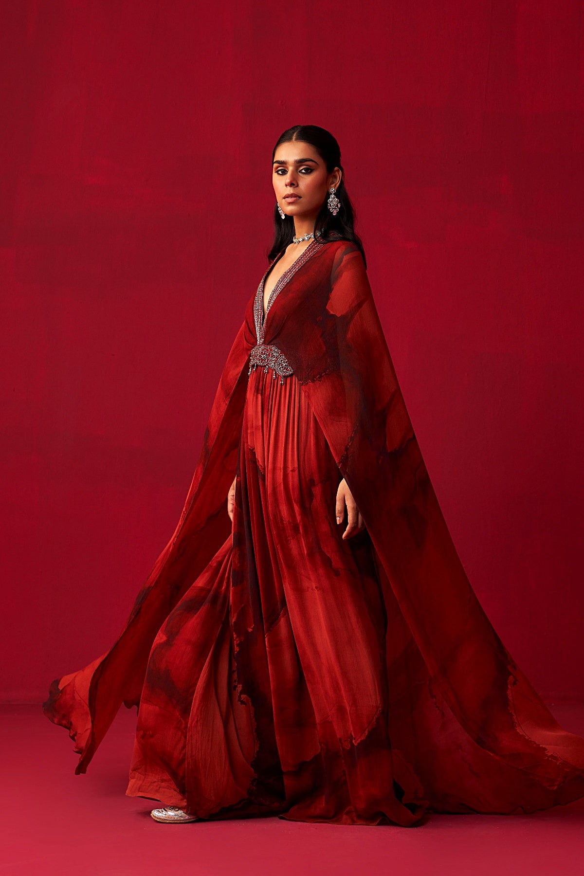Red Marble Print Draped Kaftan