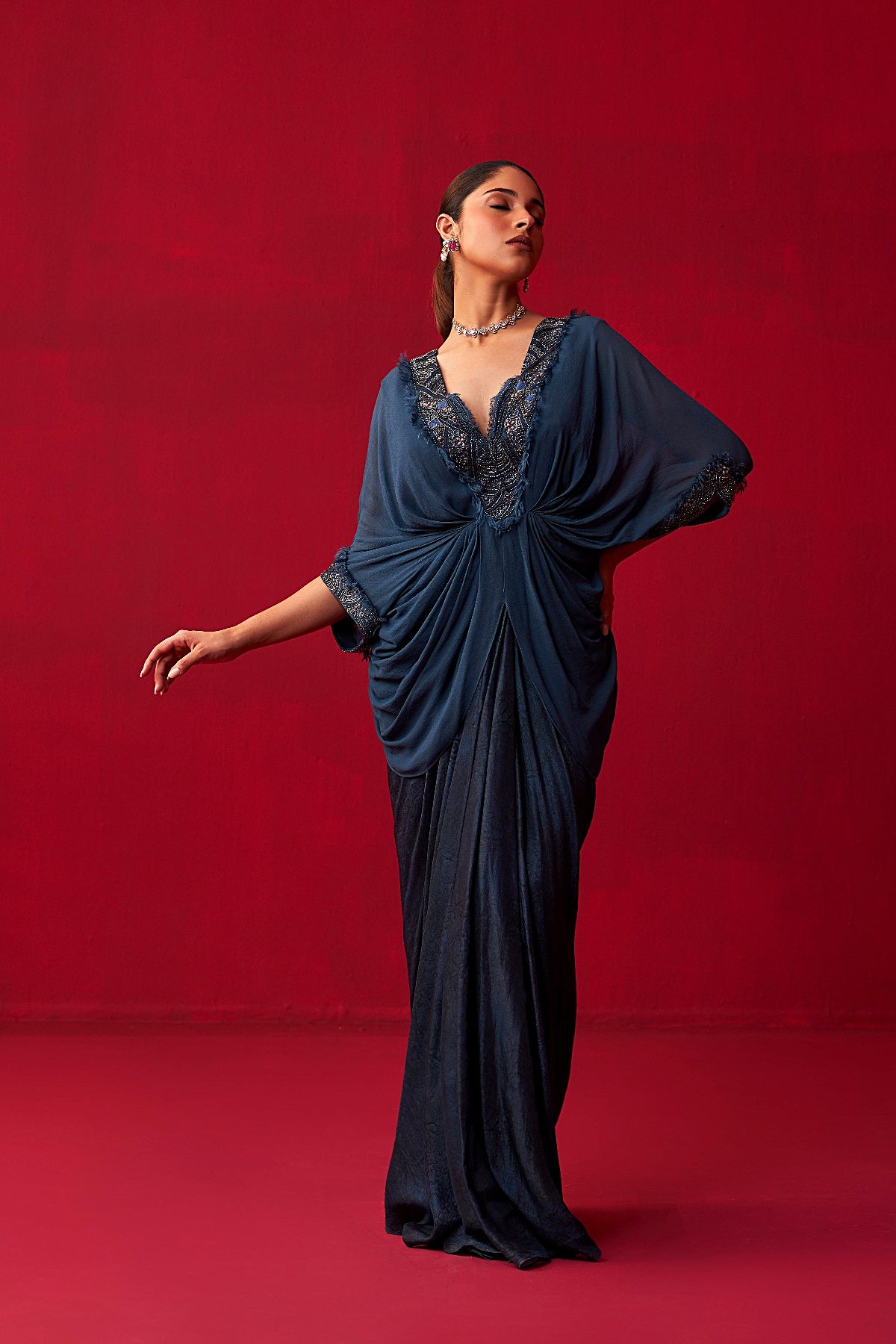 Blue Georgette Draped Top and Skirt Set