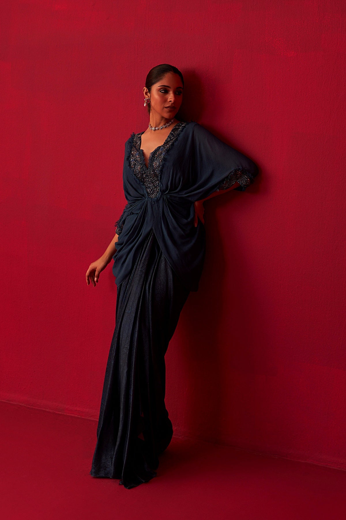 Blue Georgette Draped Top and Skirt Set