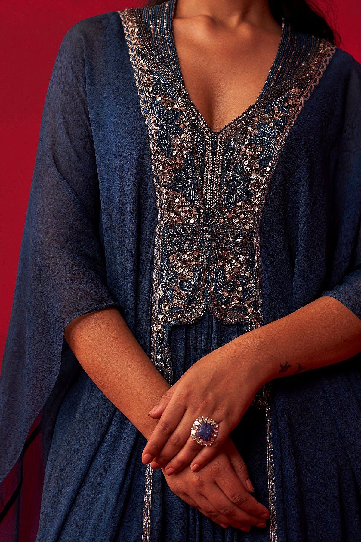 Blue Georgette Draped Top and Skirt Set