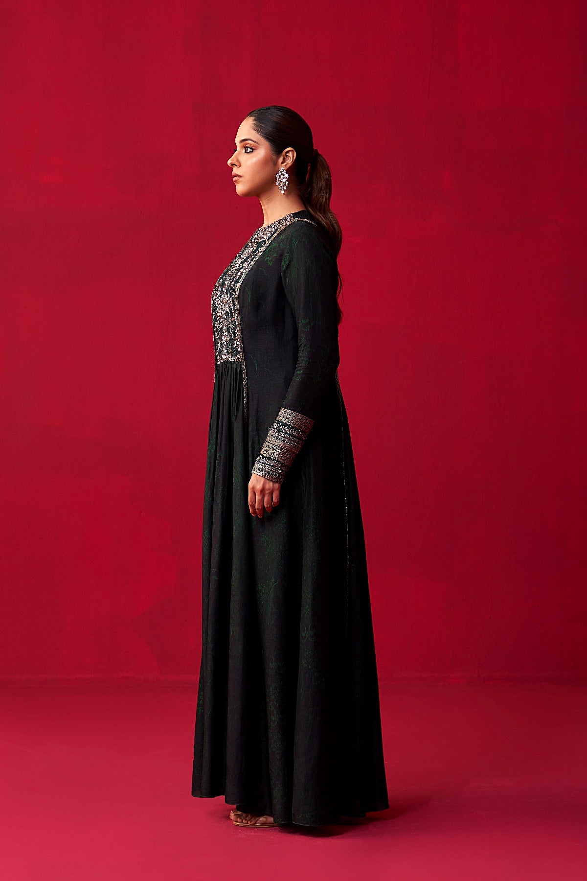 Green Glitch Gold Yoke Kurta and Pant Set