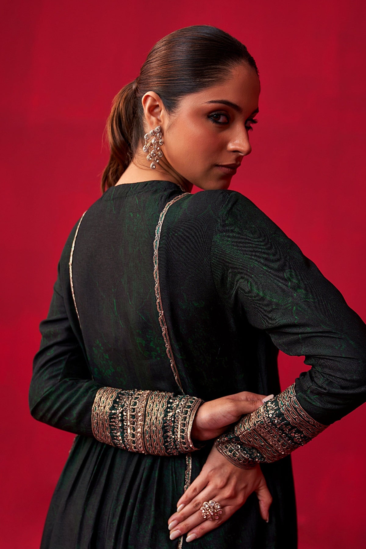 Green Glitch Gold Yoke Kurta and Pant Set