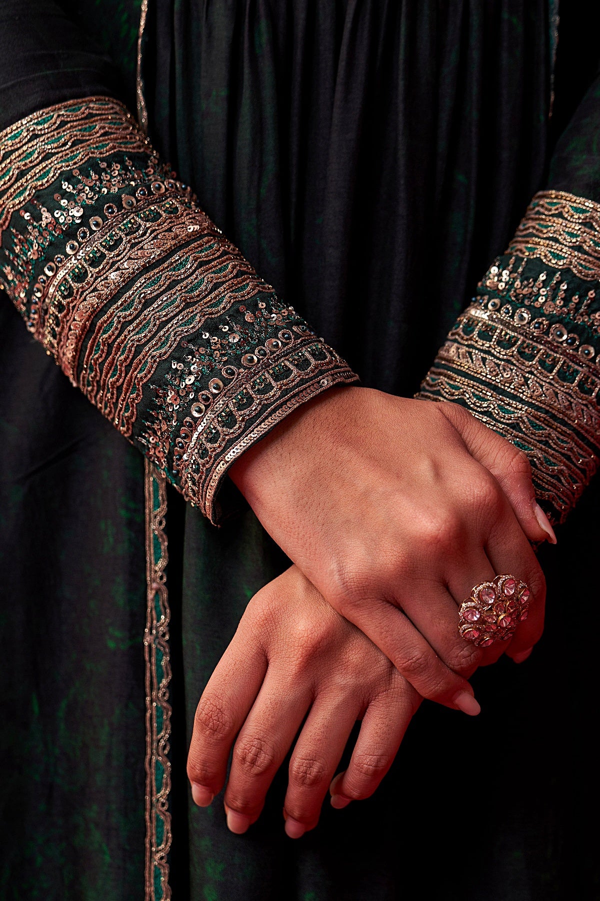 Green Glitch Gold Yoke Kurta and Pant Set