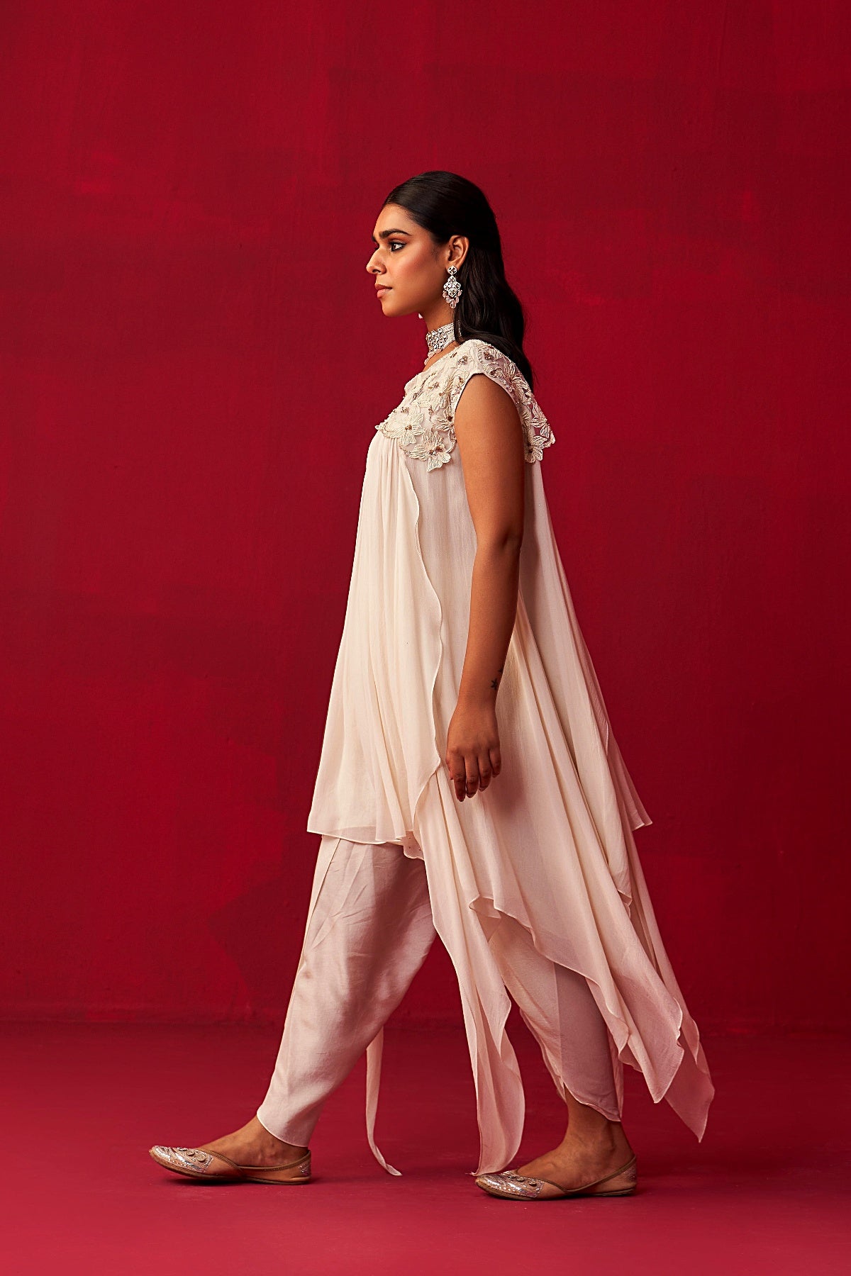 Pixelated Floral Ivory Kurta, Jacket, and Dhoti set