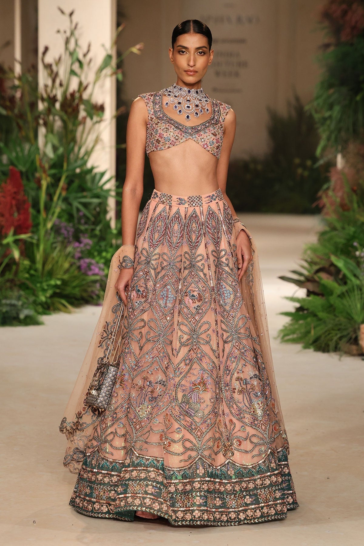Bloomrush - cantaloupe teal tulle Lehenga