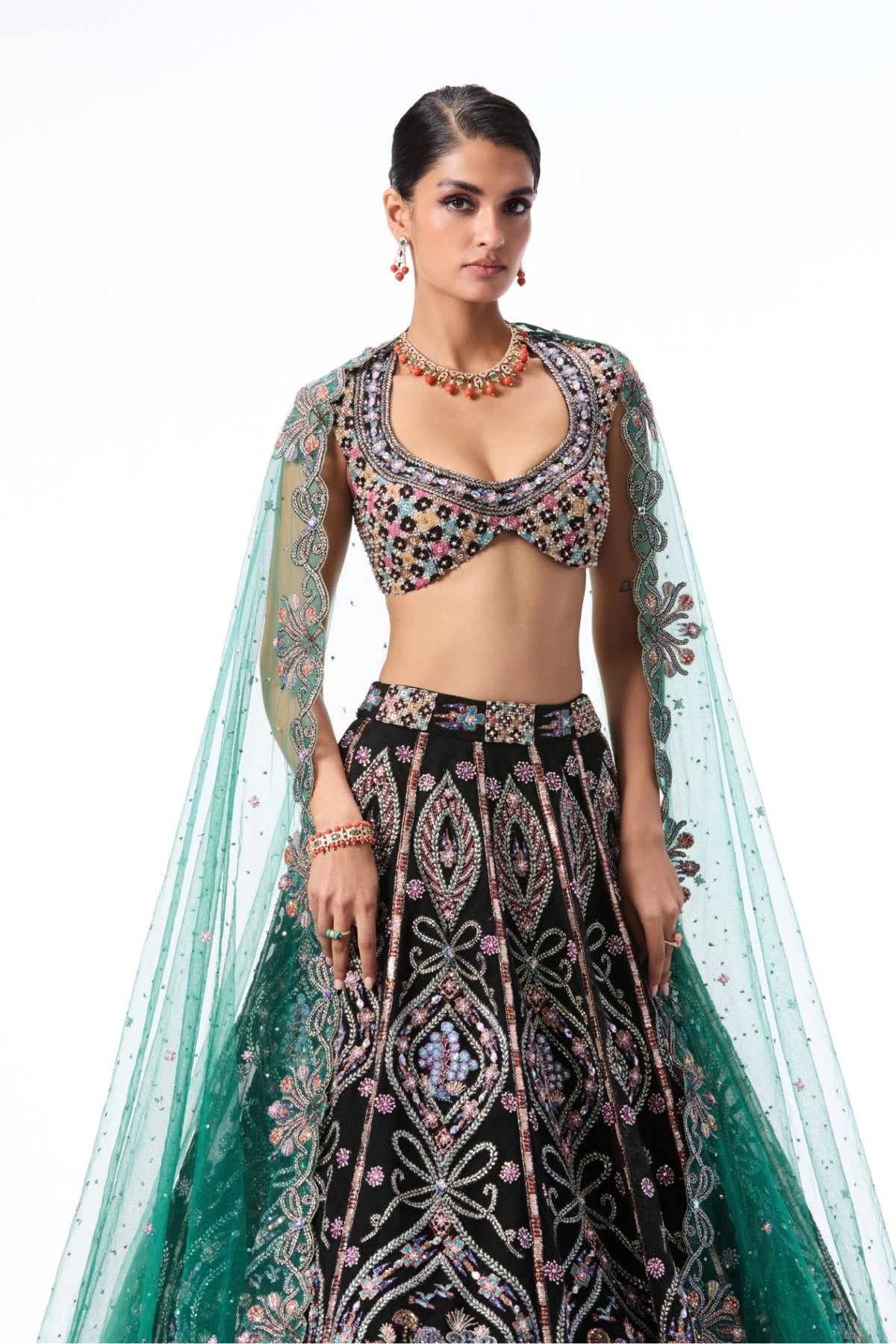 Bloomrush - Black Teal tulle lehenga