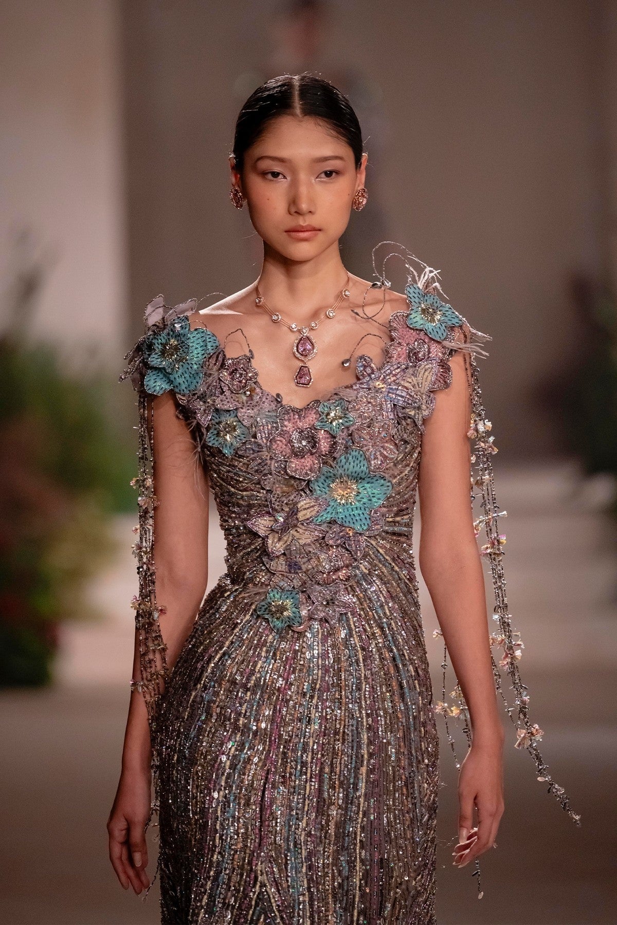 Willowaze - Gunmetal Organza Beaded Gown