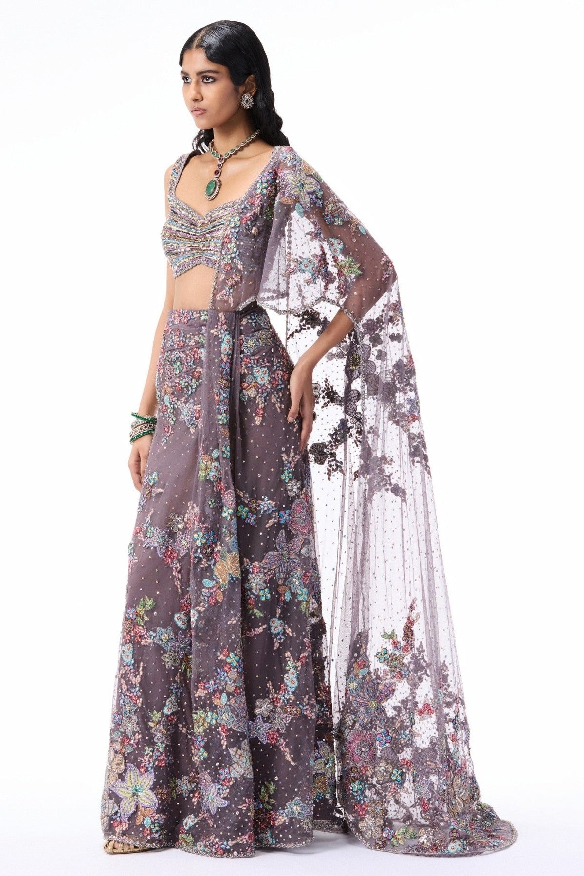 Rosemist - gunmetal tulle drape saree