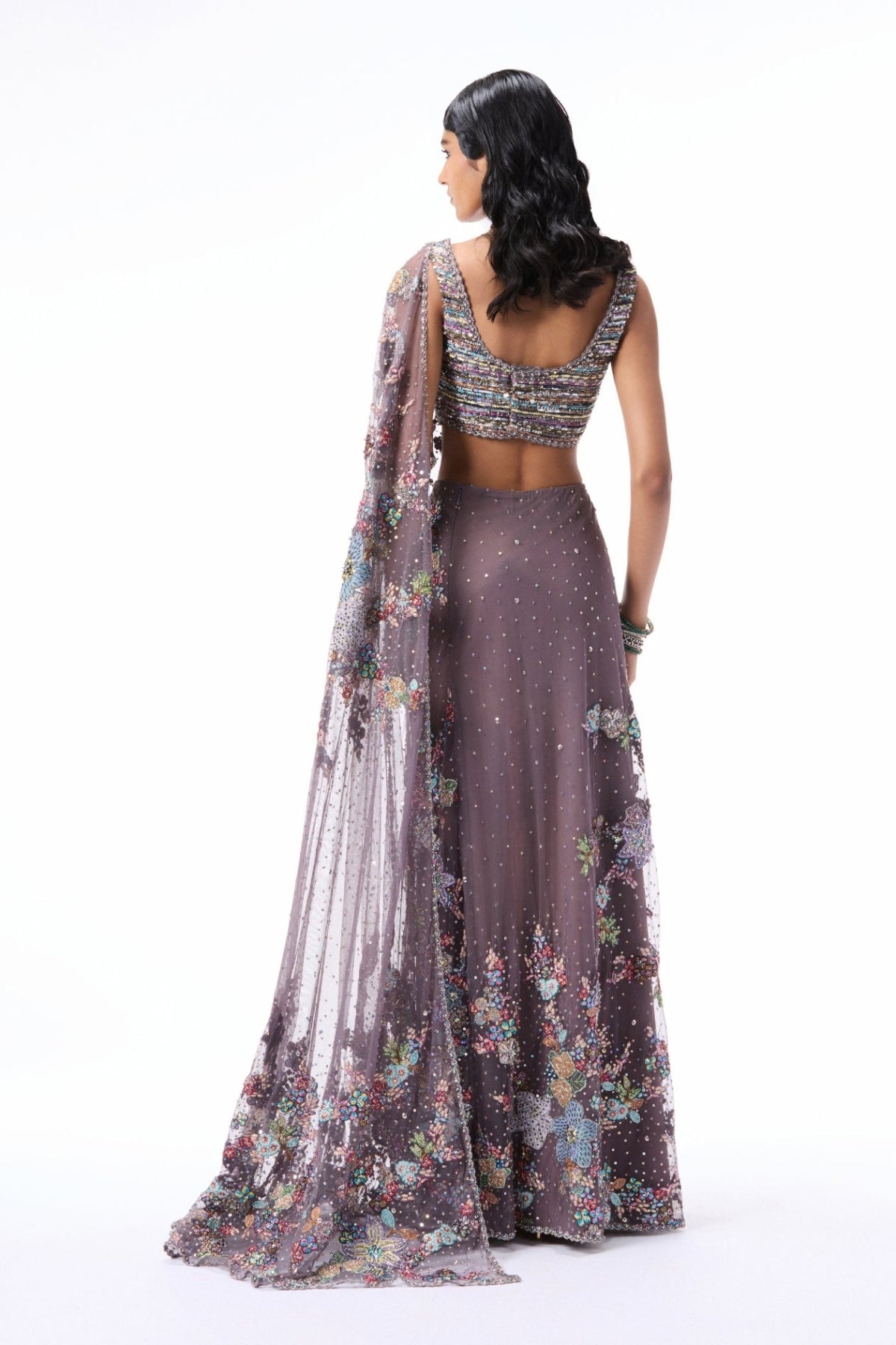Rosemist - gunmetal tulle drape saree