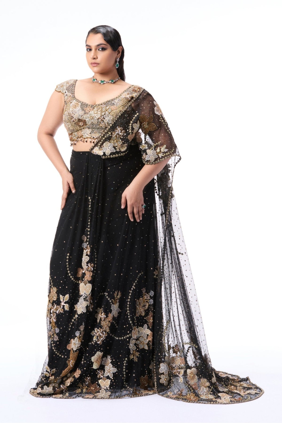 Elrosa - black tulle draped saree