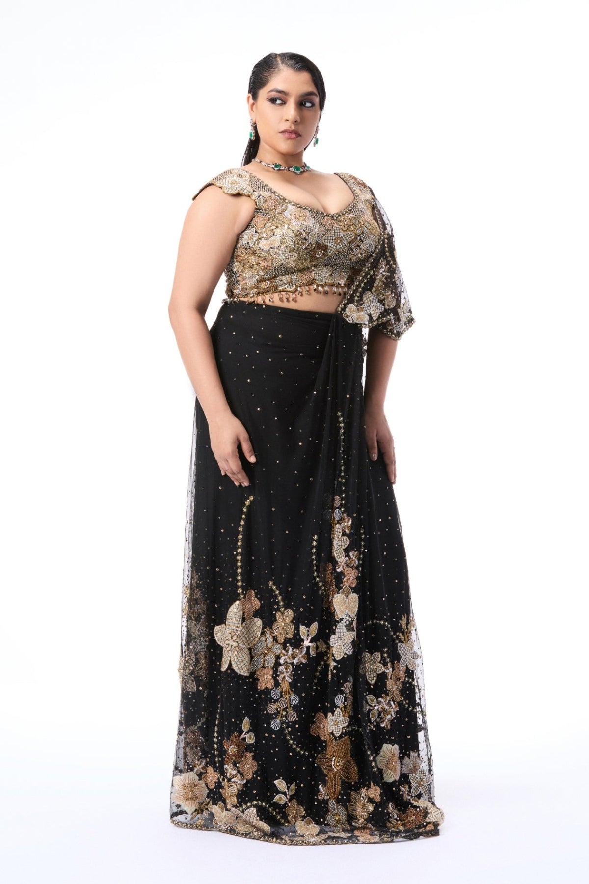 Elrosa - black tulle draped saree