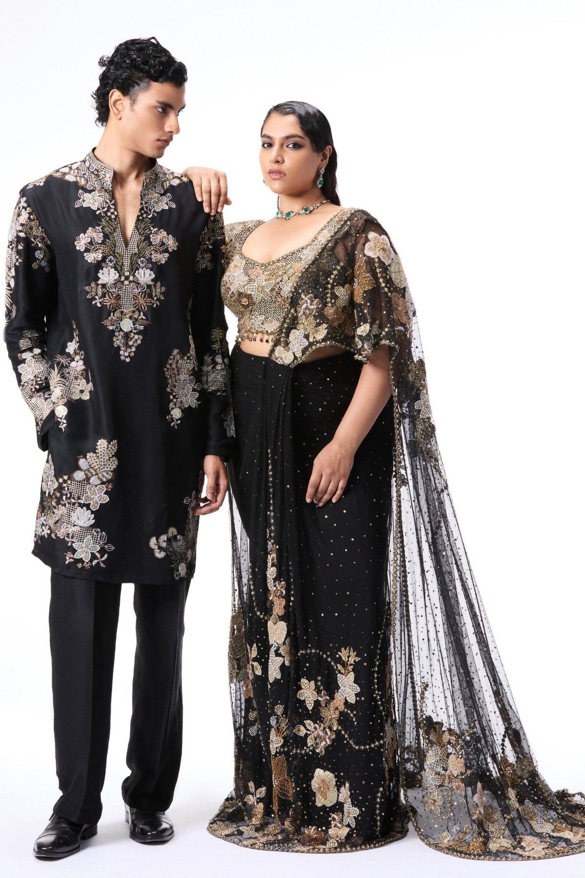 Elrosa - black tulle draped saree