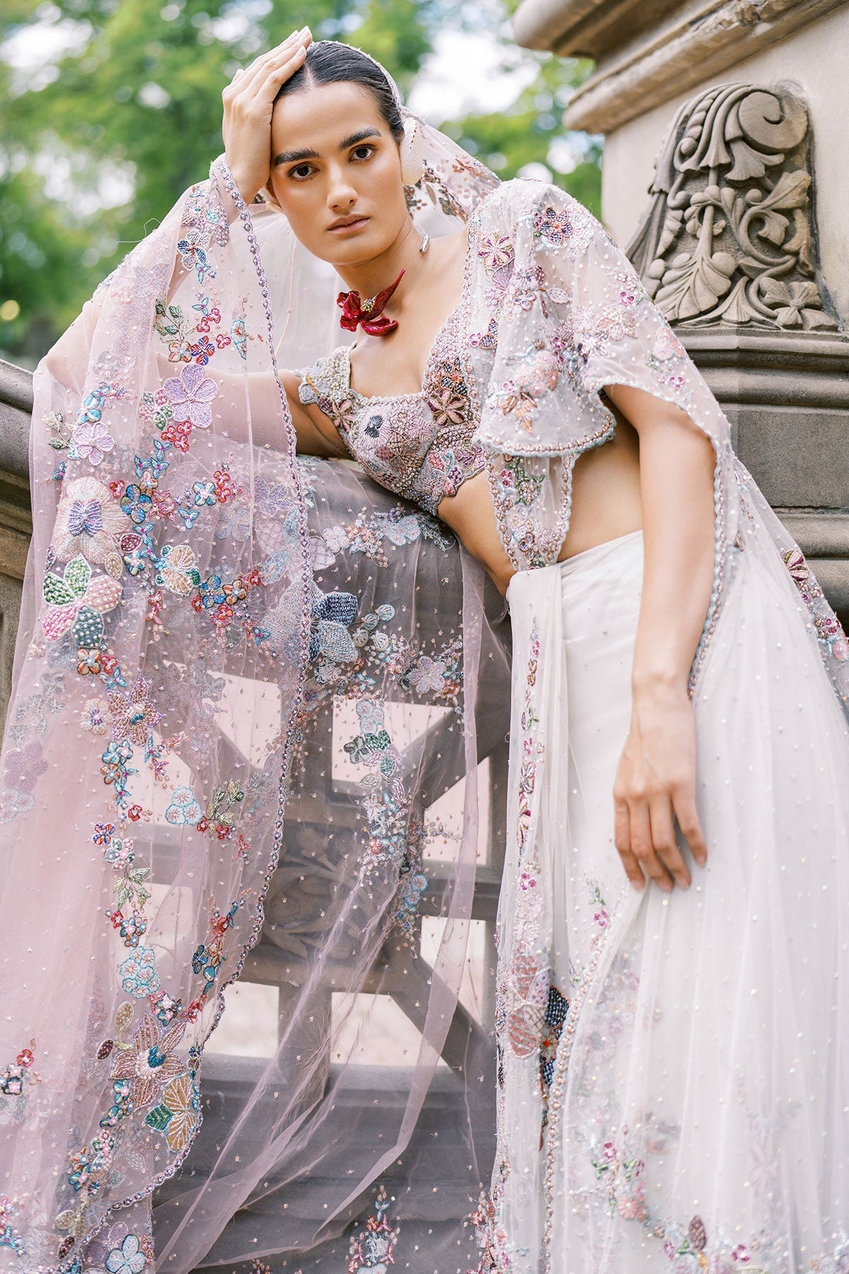 Solette Ivory - Mountbatten pink Tulle drapded Saree