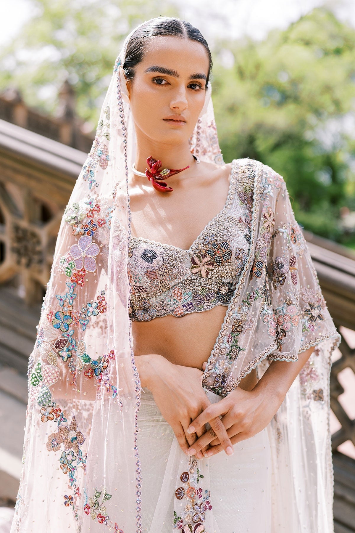 Solette Ivory - Mountbatten pink Tulle drapded Saree