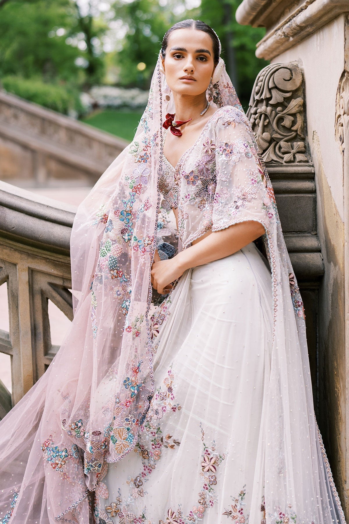 Solette Ivory - Mountbatten pink Tulle drapded Saree